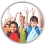 Happy children, waving their arms in the air